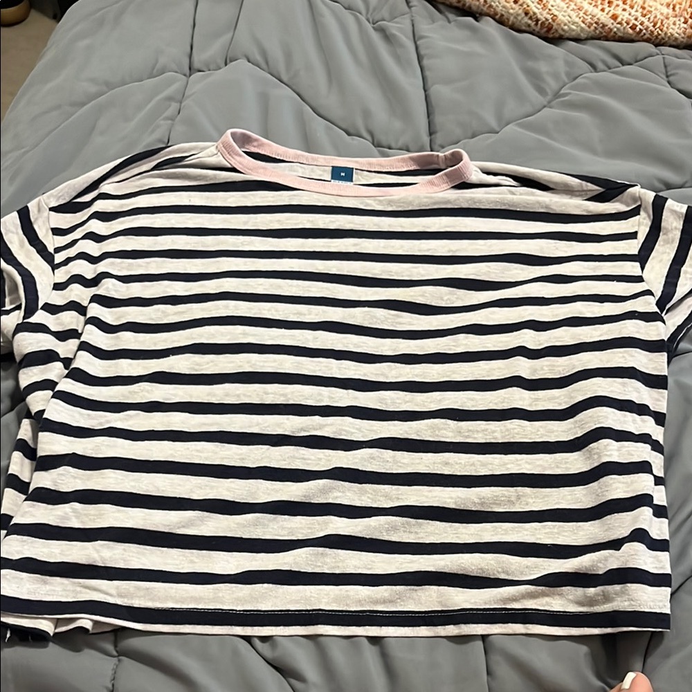 Stripe Shirt - Navy and  White with Pink collar size M